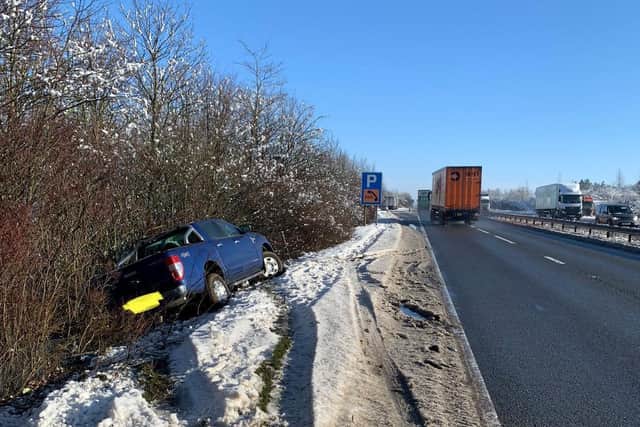 Another vehicle wound up in a ditch after skidding off the A14 between Junction 10 and 11 on Monday morning. Photo: @Northants_RCT