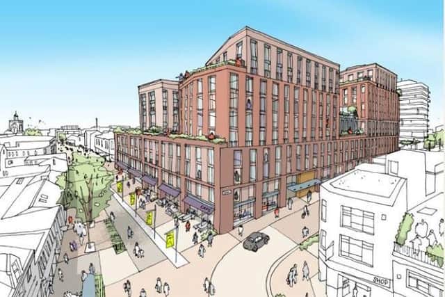 An artist's impression of how the replacement Marks & Spencer building would look with business space on the ground floor and flats above