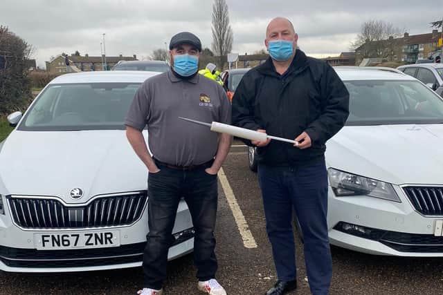 Freddie Fudge of Flat Cap Cabs (left) and Nick Metaxas of Holcot Cars, who are offering free taxi rides for coronavirus vaccination appointments