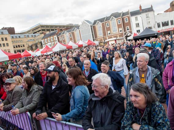 Crowds watching music on the main stage at the 2019 Northampton Music Festival. Photo by David Jackson.