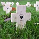 Fields of crosses outside Kettering General Hospital shows the impact of coronavirus on the county