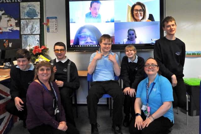 Billing Brook School's Mont Blanc class with at-home children and the BacZac trustees Helen Foskitt and Beverley Cheyne on Microsoft Teams