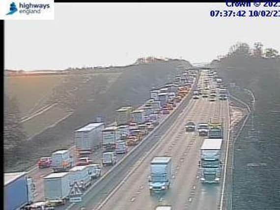 Highways England showed the queues of traffic heading south towards Northampton on the M1