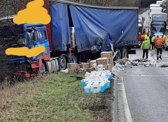 The scene on the A509 as the clear-up goes on following this morning's crash Photo: @17NFRSBurtonLatimer