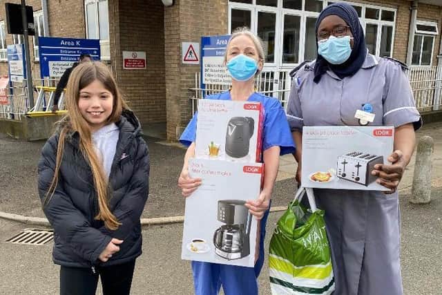 Kiki Loraine delivers the gifts to Northampton General Hospital