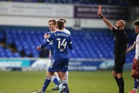 Ipswich Town finished the game with 10 men after the stoppage time dismissal of Flynn Downes by referee Darren Drysdale (Picture: Pete Norton)