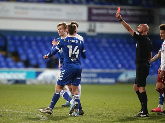 Ipswich Town finished the game with 10 men after the stoppage time dismissal of Flynn Downes by referee Darren Drysdale (Picture: Pete Norton)