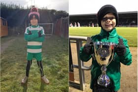 (Left): Josh reading to tackle his charity challenge and (right): with the trophy following an under 7s penalty tournament at Northampton Town in 2019.