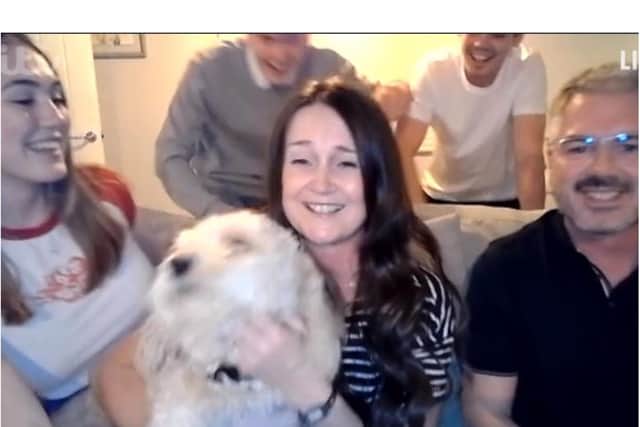 Adele Aldridge celebrates with her family — including Teddy the dog — live on TV last night