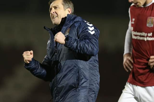 Jon Brady celebrates his first win as Cobblers boss (Pictures: Pete Norton)