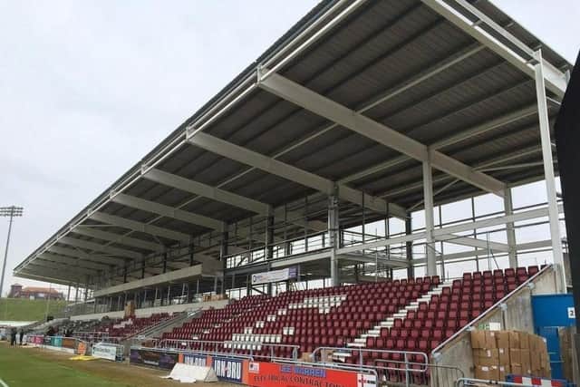 The East stand at Sixfields remains unfinished more than seven years after work started. Photo: Getty Images
