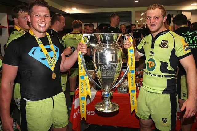 Dylan Hartley and Mikey Heywood with the Premiership trophy
