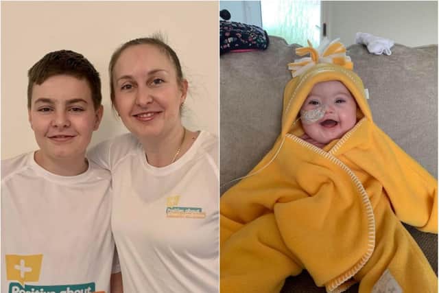 Mum and son, Amy and Joseph (left) are taking on a running challenge in support of a Down Syndrome support group after their daughter and sister, Matilda (right), was born with the condition.