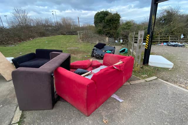 Fly-tipping outside the entrance to Stornton Pits in Sixfields, Northampton. Photo: Leila Coker