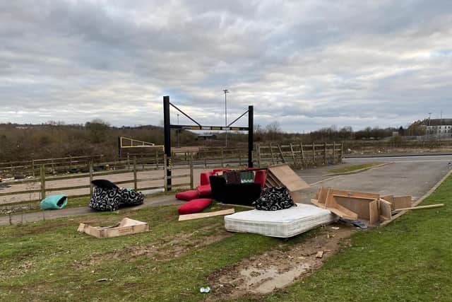 Fly-tipping outside the entrance to Stornton Pits in Sixfields, Northampton. Photo: Leila Coker