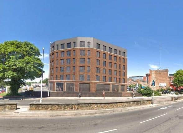 An artist's impression of what the block of flats would look like on the corner of St Peter's Way and Horsehoe Street.