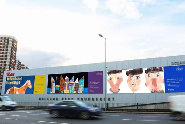 Artwork produced by children from Headlands Primary school seen in the middle of a billboard at Westfield Shopping Centre, London. Photo: The National Gallery.