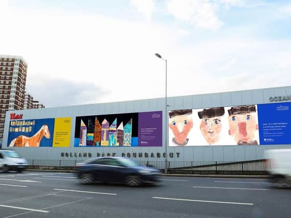 Artwork produced by children from Headlands Primary school seen in the middle of a billboard at Westfield Shopping Centre, London. Photo: The National Gallery.