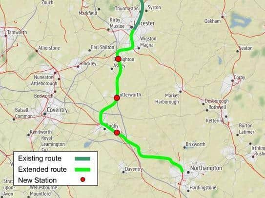 The proposed line would virtually run alongside the M1 and could create new stations at Lutterworth and Broughton Astley.