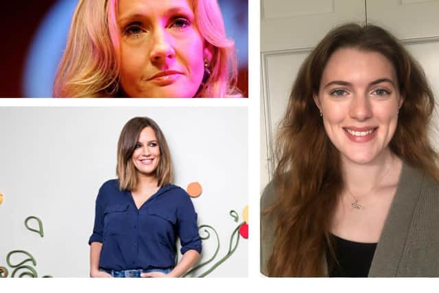 Joanne Rowling (top) and Caroline Flack (bottom) (Images: Getty) and Grace Duval (right) (Image: Birmingham City University)
