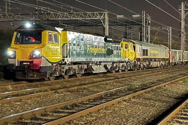 Two locos hauled the massive 'jumbo train' through Northamptonshire during the early hours of Thursday morning
