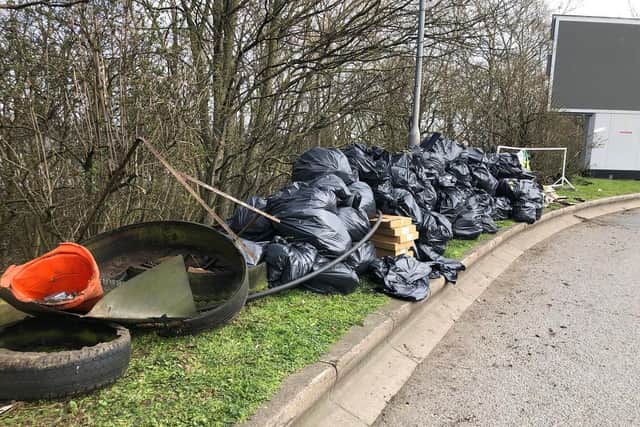 The rubbish bags and litter collected from the woodland next to the service station at junction 15A of the M1 near Northampton
