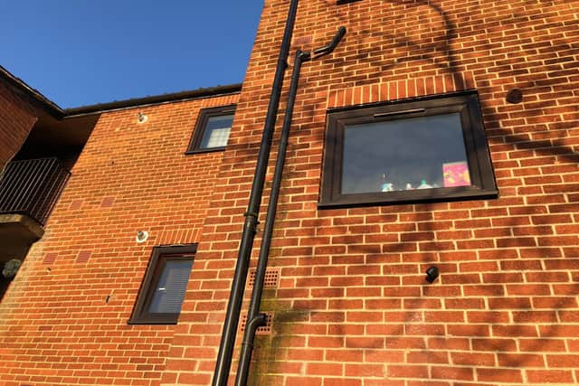 The two gaps in the guttering can be seen directly above Patricia's flat.