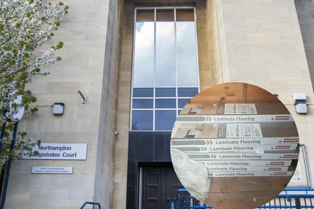 Northampton Magistrates' Court and, inset, the laminate flooring Skinner promised to send.