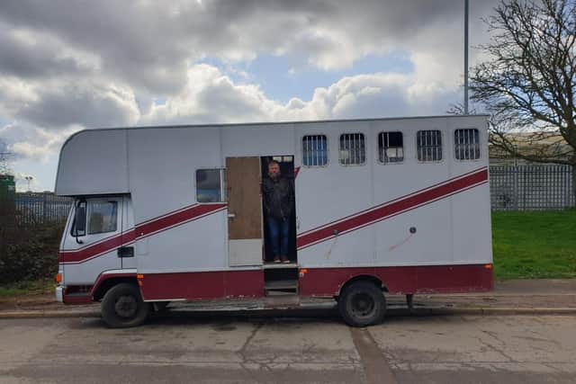 Bill pictured on the future vehicle to be named the 'Samantha Wright Outreach Vehicle'.