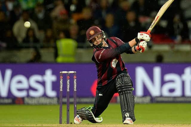 Josh Cobb smashes a boundary on his way to his match-winning 80 for the Steelbacks in the 2016 T20 Final at Edgbaston