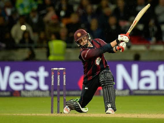 Josh Cobb smashes a boundary on his way to his match-winning 80 for the Steelbacks in the 2016 T20 Final at Edgbaston