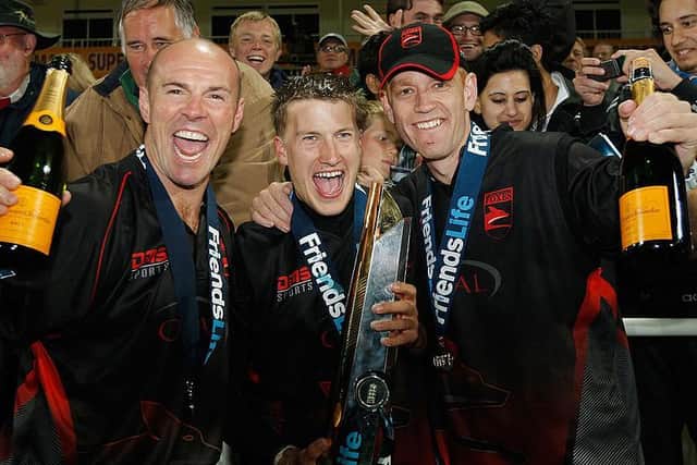 Josh Cobb (centre) was named the man of the match as Leicestershire Foxes claimed the T20 title in 2011