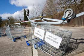 Trolleys have been used to mark out the click and collect queue at Tesco in Northampton. Photo: Leila Coker