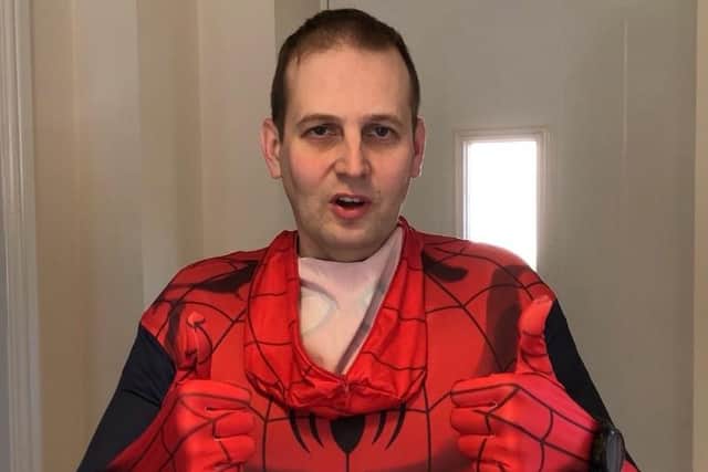 Steve dressed as Spiderman ready for a run around Duston.