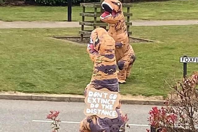 Neo has been spreading joy by dressing up as a T-rex.