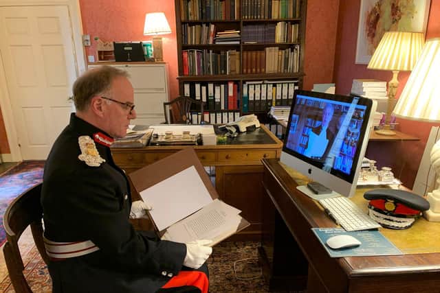James Saunders Watson, HM Lord-Lieutenant of Northamptonshire, receiving the high sheriffs and under sheriffs declarations by Zoom.