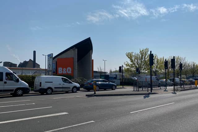 Cars queuing for B&Q in Towcester Road, Northampton, on Saturday lunchtime (April 11). Photo: Leila Coker