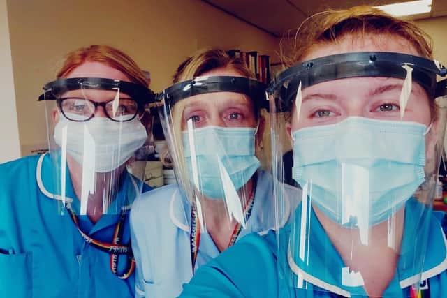 Some of the visors, made by Northampton School for Boys teacher Mark Samples, in use.