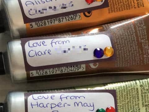 All the hand creams are sent with the name of the kind donor