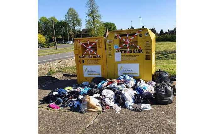 A lot of bags were left near an air ambulance clothes bank.