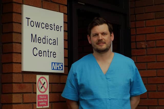 Towcester Medical Centre partner Dr Simon Ellis in one of the scrubs made by Scrub Up for Northants NHS volunteers