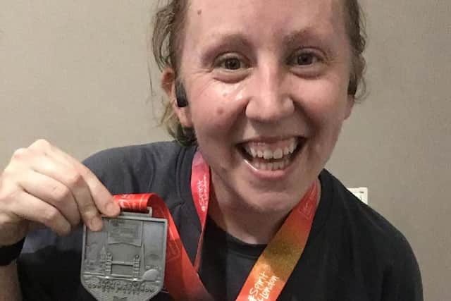 Stephanie Shea with her medal for completing the 2018 London Marathon