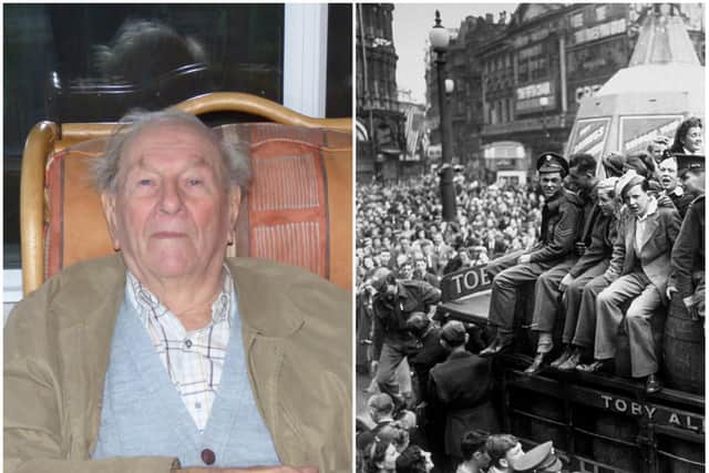 Navigator Maurice Marriott and his crew drove to London to celebrate VE Day in style.