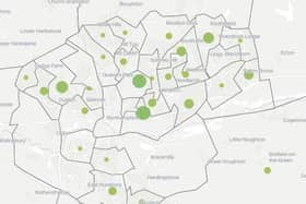 Dots on the ONS map reflect numbers of victims in Northampton neighbourhoods