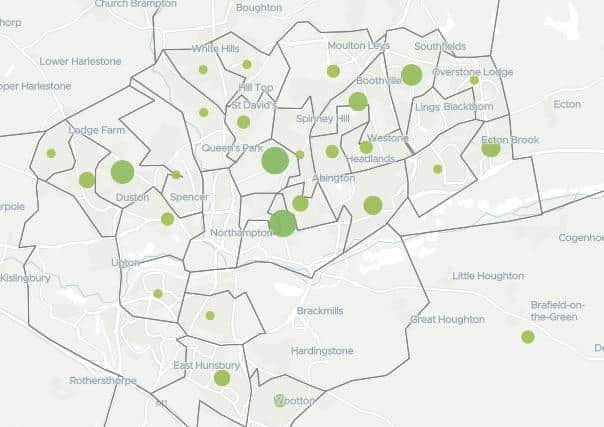 Dots on the ONS map reflect numbers of victims in Northampton neighbourhoods