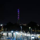 The lift tower has beamed brightly over the town for the past two weeks to pay thanks to Northampton General Hospital workers and Colonel Tom Moore. Picture by Leila Coker.