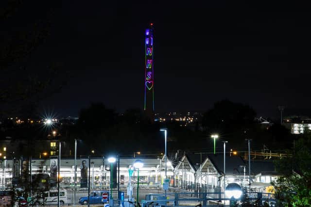 The lift tower has beamed brightly over the town for the past two weeks to pay thanks to Northampton General Hospital workers and Colonel Tom Moore. Picture by Leila Coker.