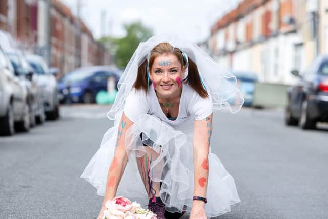 Chantelle Esposito is racing for the NHS every Sunday while dressed up in a wedding veil and white tutu. Pictures by Kirsty Edmonds.