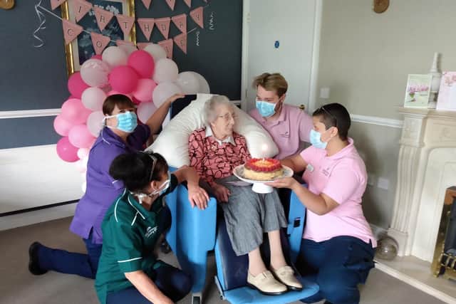 Connie celebrated with members of staff at Brampton View Care Home.
