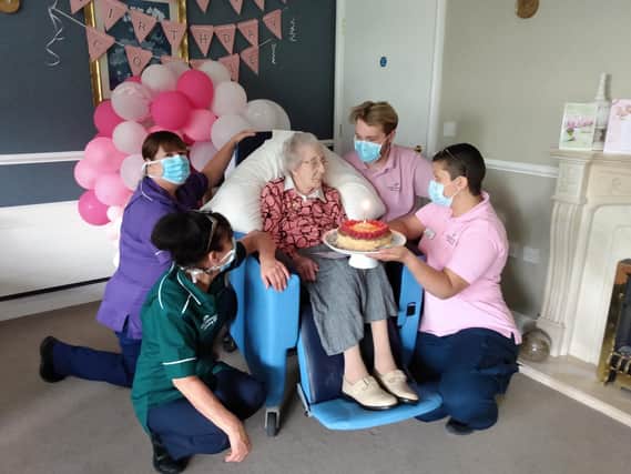 Connie celebrated with members of staff at Brampton View Care Home.